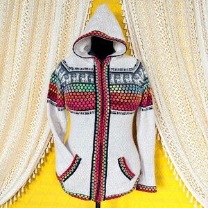 Peruvian Alpaca Boho Hooded Multicolor Cardigan Knit Sweater Zip Front Size M